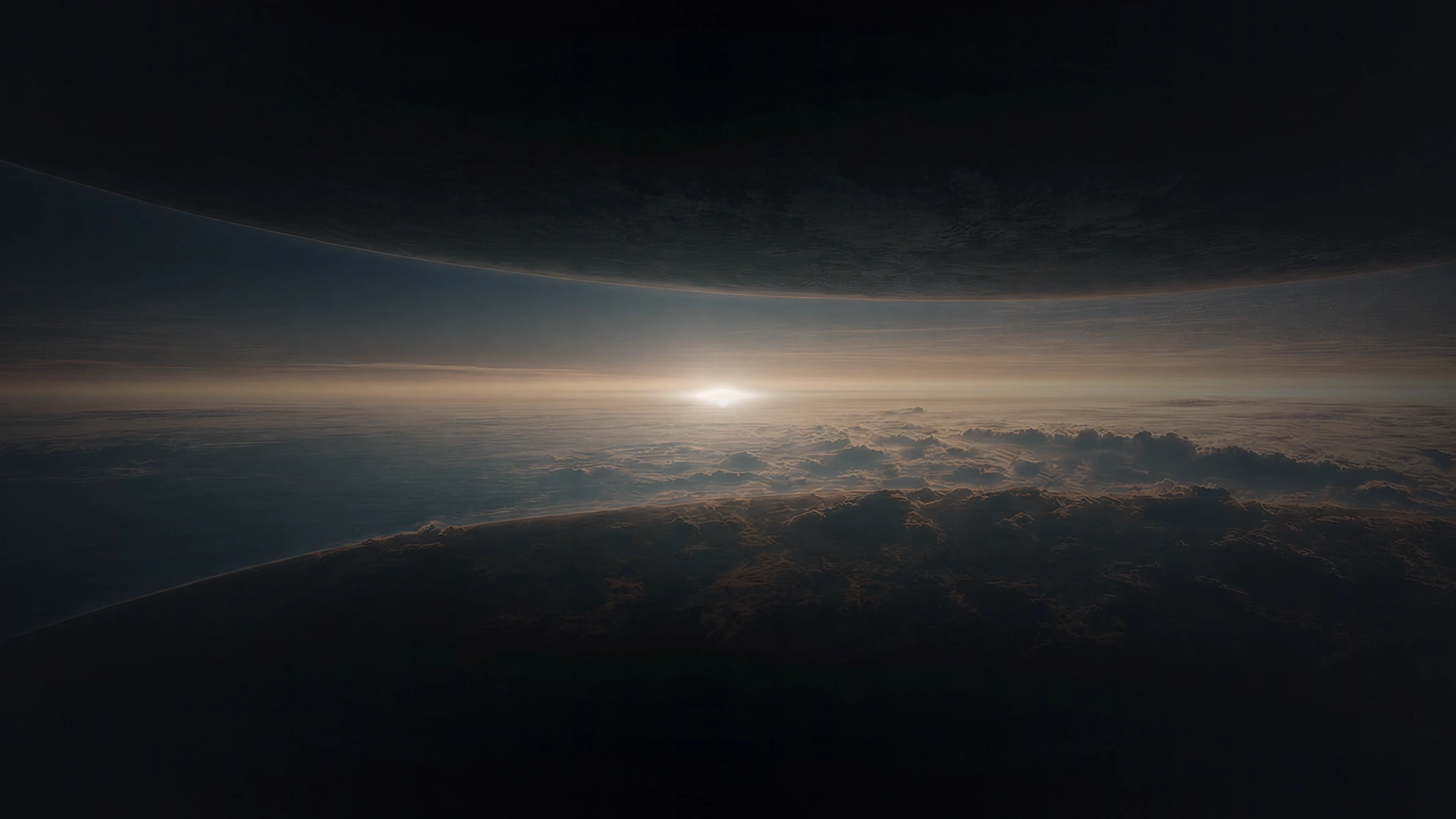 Nascer do sol visto da estratosfera, com o horizonte da Terra sobre um mar de nuvens